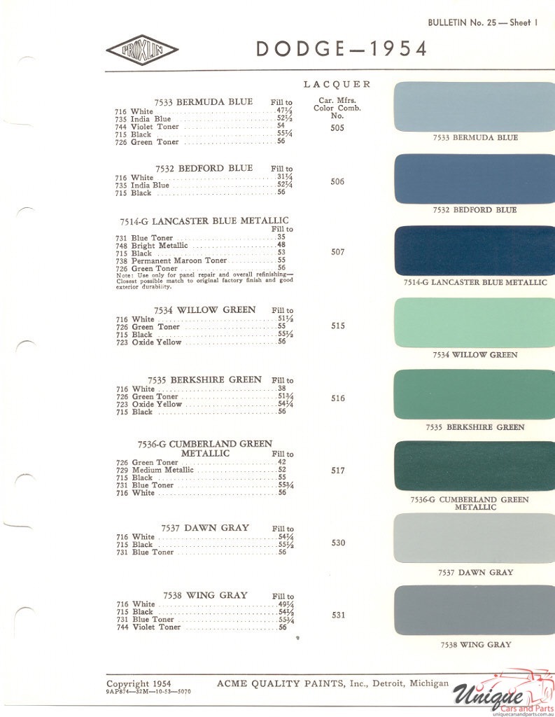 1954 Dodge Paint Charts Acme 1